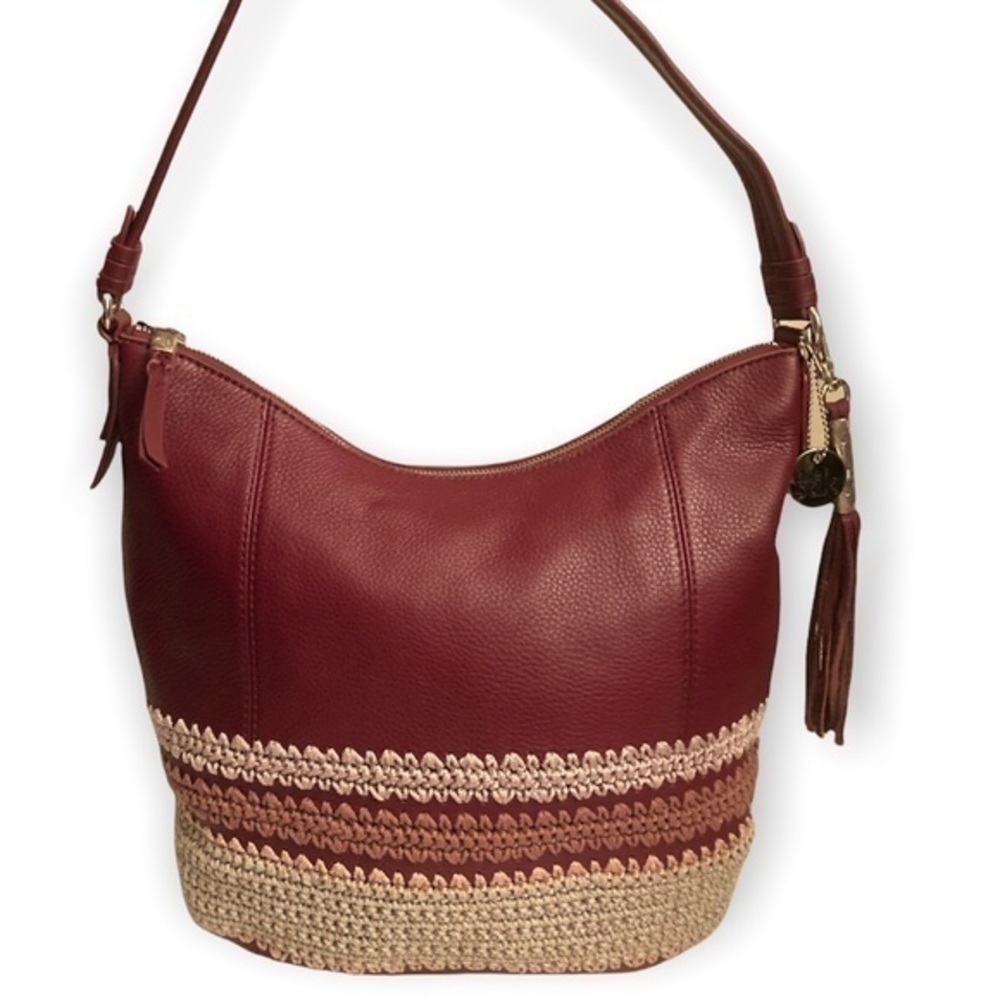 The Sak burgandy leather and pink crochet embellished shoulder bag